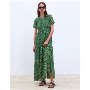 Zara Smocked Tiered Maxi Dress Green Floral Small